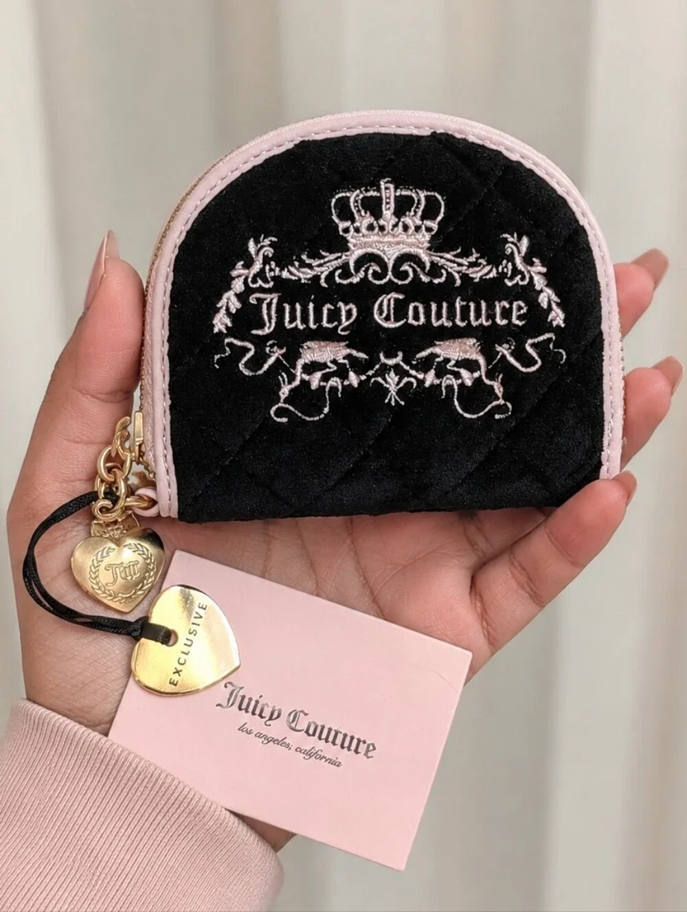 Juicy Couture Black Velvet Coin Pouch with Pink Trim and Gold Heart Charm